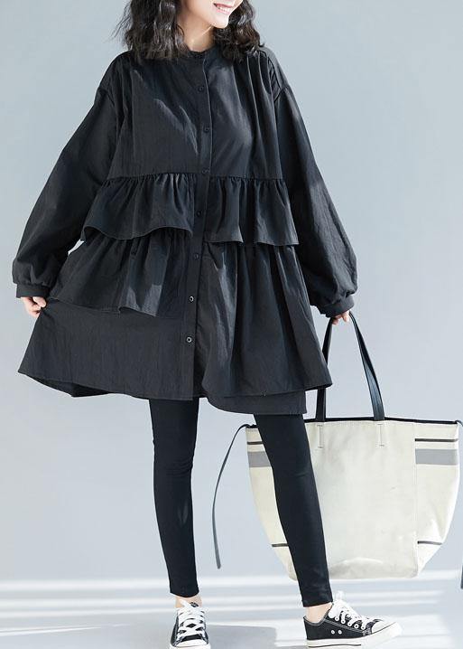 Loose black Cotton quilting dresses layered ruffles Art shirt Dress - bagstylebliss