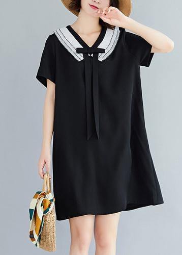 Loose black Cotton quilting dresses v neck Plus Size summer Dress - bagstylebliss