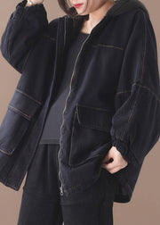 Loose black Fine clothes For Women Sewing two pockets patchwork hooded outwear - bagstylebliss