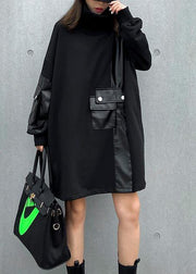 Loose black clothes Women high neck patchwork loose Dress - bagstylebliss