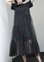 Loose black cotton Tunic asymmetric patchwork A Line summer Dress - bagstylebliss