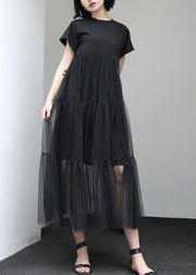 Loose black cotton Tunic asymmetric patchwork A Line summer Dress - bagstylebliss