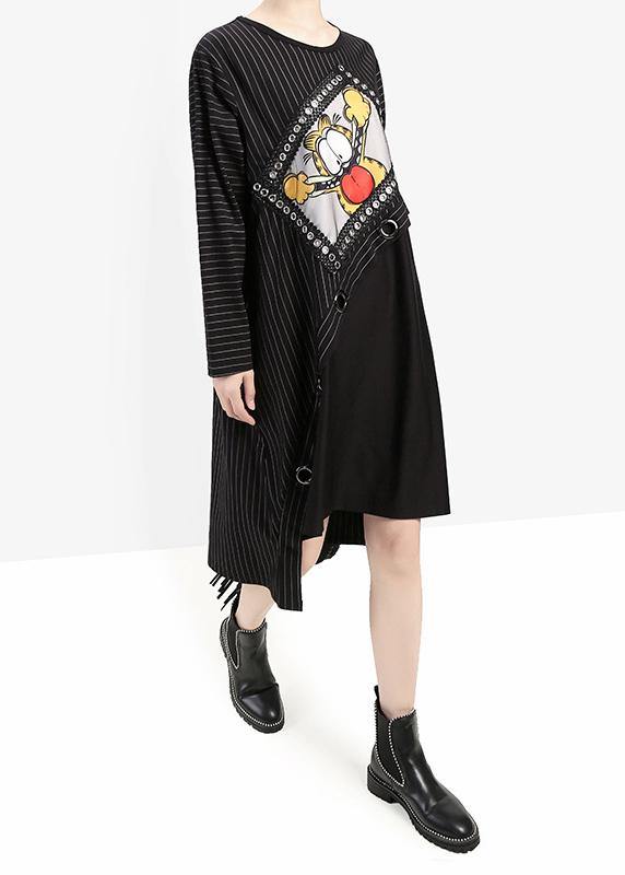 Loose black cotton clothes patchwork cotton Cartoon print fall Dresses - bagstylebliss