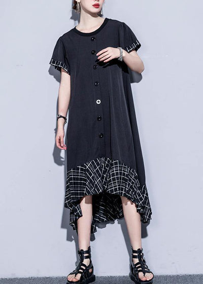 Loose black cotton quilting clothes patchwork plaid hem  summer Dress - bagstylebliss