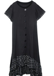 Loose black cotton quilting clothes patchwork plaid hem  summer Dress - bagstylebliss