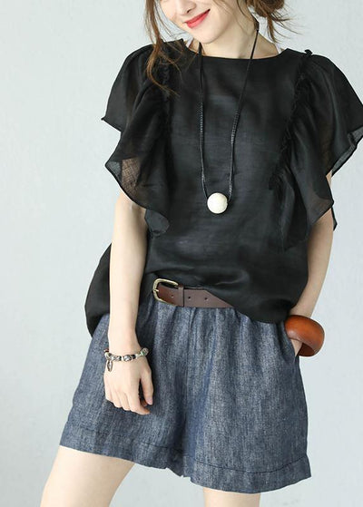 Loose black linen shirts o neck Butterfly Sleeve short summer top - bagstylebliss