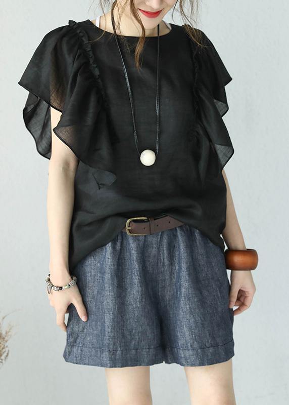 Loose black linen shirts o neck Butterfly Sleeve short summer top - bagstylebliss