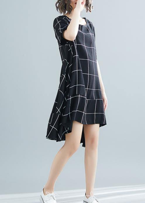 Loose black plaid Cotton clothes plus size Tutorials low high design tunic summer Dress - bagstylebliss
