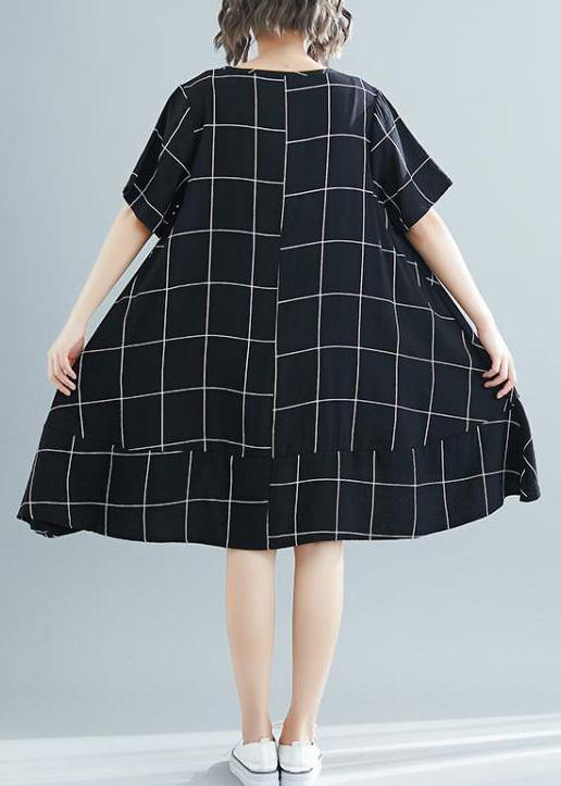 Loose black plaid Cotton clothes plus size Tutorials low high design tunic summer Dress - bagstylebliss