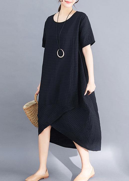 Loose black short sleeve cotton clothes asymmetric patchwork summer Dresses - bagstylebliss