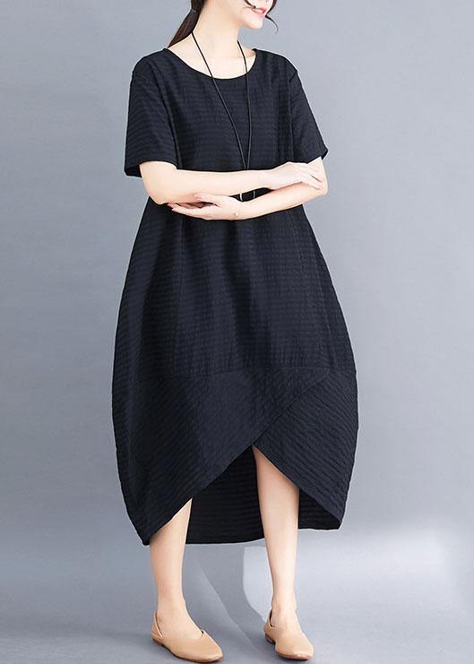 Loose black short sleeve cotton clothes asymmetric patchwork summer Dresses - bagstylebliss