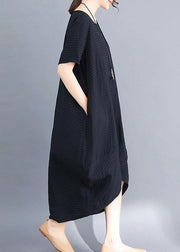 Loose black short sleeve cotton clothes asymmetric patchwork summer Dresses - bagstylebliss