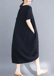 Loose black short sleeve cotton clothes asymmetric patchwork summer Dresses - bagstylebliss