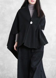 Loose black wool Blouse v neck short asymmetric shirt - bagstylebliss