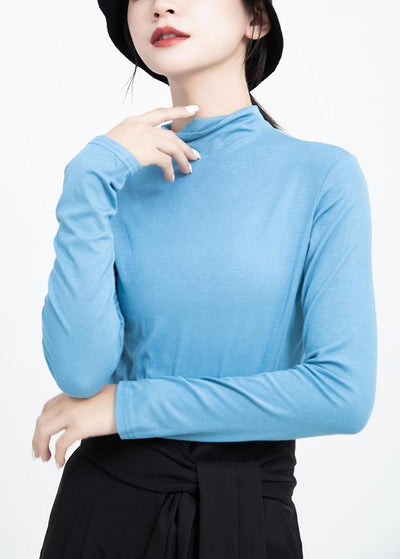 Loose blue cotton crane tops elastic oversized high neck shirts - bagstylebliss