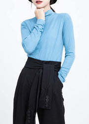 Loose blue cotton crane tops elastic oversized high neck shirts - bagstylebliss