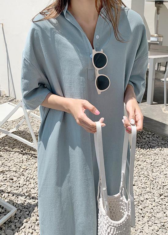 Loose blue cotton linen Robes v neck side open long Dresses - bagstylebliss