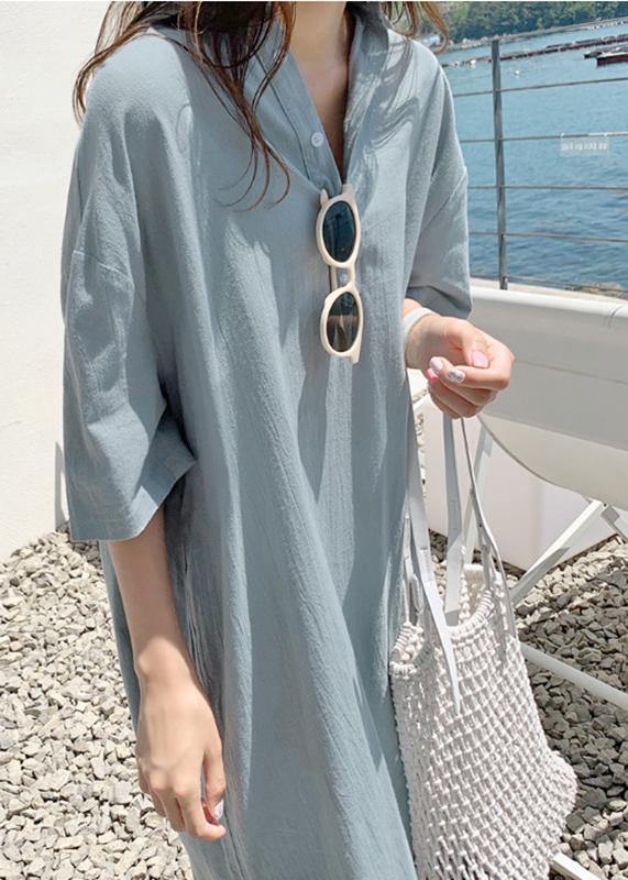 Loose blue cotton linen Robes v neck side open long Dresses - bagstylebliss