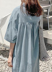 Loose blue cotton linen Robes v neck side open long Dresses - bagstylebliss