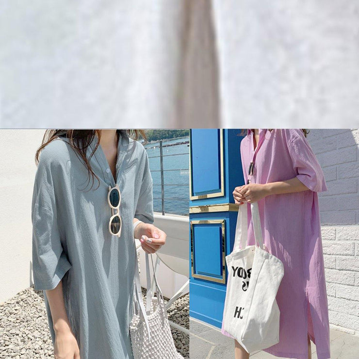 Loose blue cotton linen Robes v neck side open long Dresses - bagstylebliss