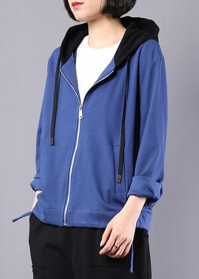 Loose blue cotton linen tops women hooded oversized autumn short coat - bagstylebliss