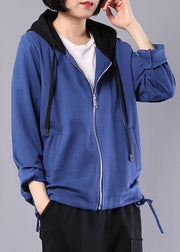 Loose blue cotton linen tops women hooded oversized autumn short coat - bagstylebliss