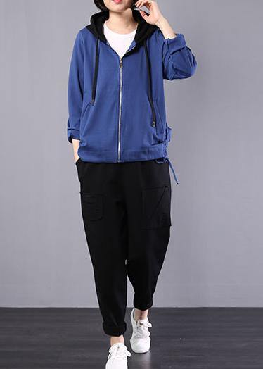 Loose blue cotton linen tops women hooded oversized autumn short coat - bagstylebliss