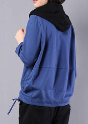 Loose blue cotton linen tops women hooded oversized autumn short coat - bagstylebliss