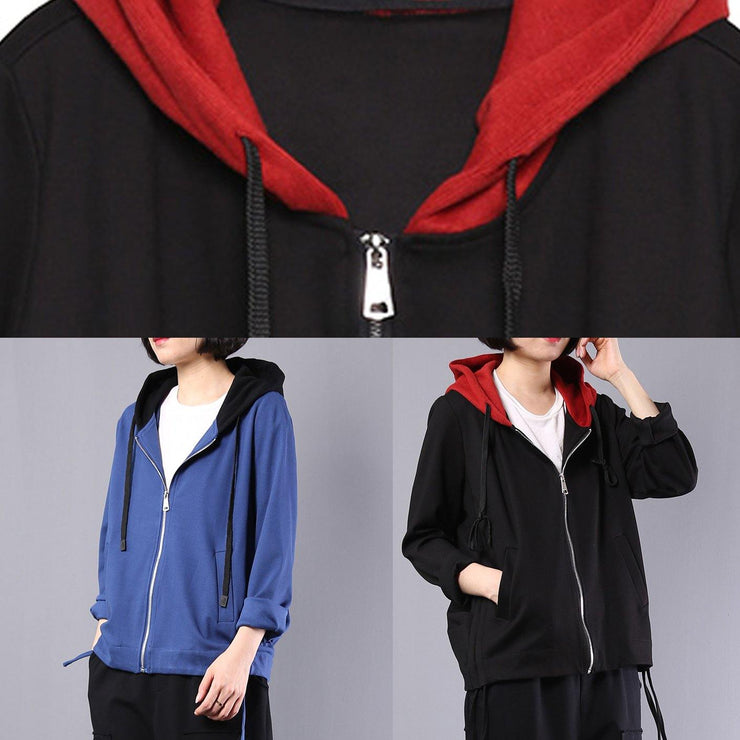 Loose blue cotton linen tops women hooded oversized autumn short coat - bagstylebliss