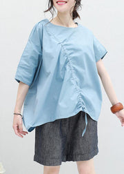 Loose blue drawstring cotton tunic top o neck Art summer shirt - bagstylebliss
