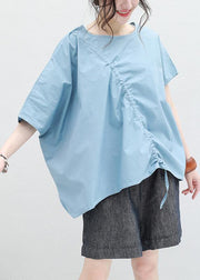 Loose blue drawstring cotton tunic top o neck Art summer shirt - bagstylebliss