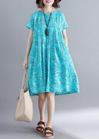 Loose blue floral dresses o neck Cinched loose summer Dresses - bagstylebliss