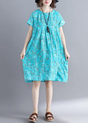 Loose blue floral dresses o neck Cinched loose summer Dresses - bagstylebliss