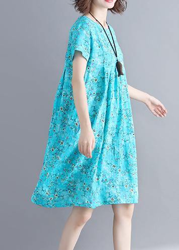 Loose blue floral dresses o neck Cinched loose summer Dresses - bagstylebliss