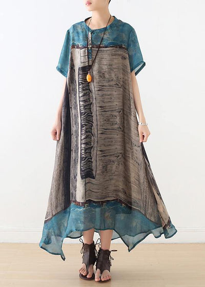 Loose blue gray print chiffon Wardrobes Korea Work o neck asymmetric A Line summer Dress - bagstylebliss