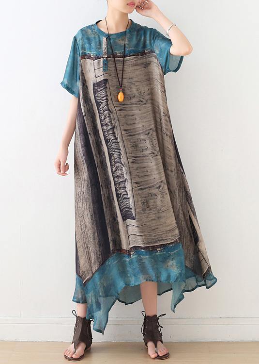 Loose blue gray print chiffon Wardrobes Korea Work o neck asymmetric A Line summer Dress - bagstylebliss