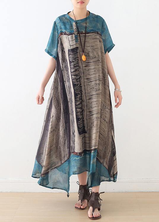 Loose blue gray print chiffon Wardrobes Korea Work o neck asymmetric A Line summer Dress - bagstylebliss