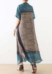 Loose blue gray print chiffon Wardrobes Korea Work o neck asymmetric A Line summer Dress - bagstylebliss