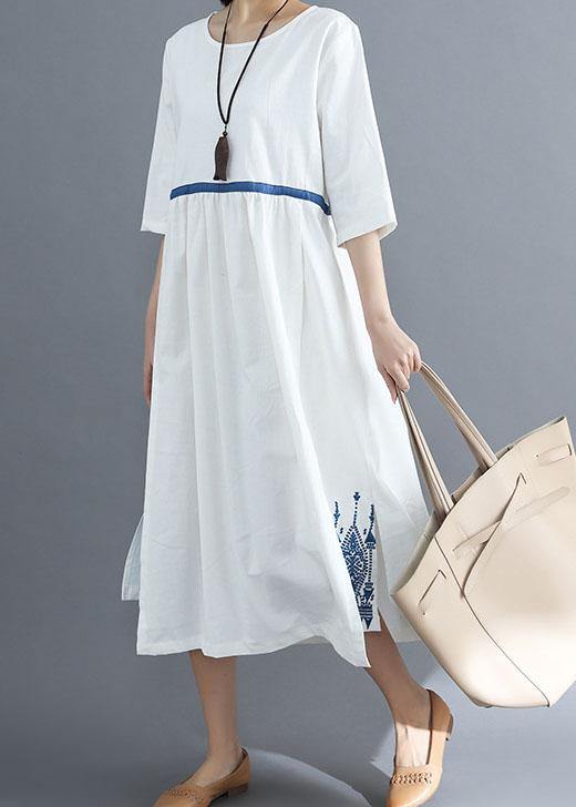 Loose blue linen clothes For Women embroidery Plus Size Clothing summer dress - bagstylebliss