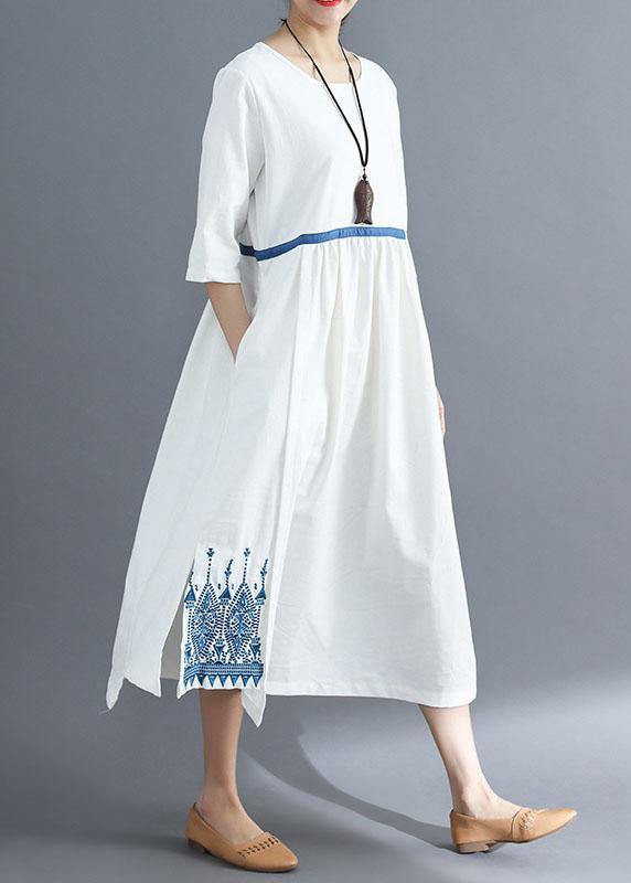 Loose blue linen clothes For Women embroidery Plus Size Clothing summer dress - bagstylebliss