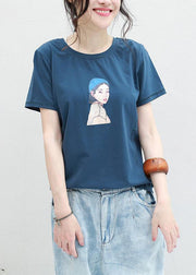 Loose blue o neck cotton clothes For Women Neckline Cartoon print blouses summer - bagstylebliss