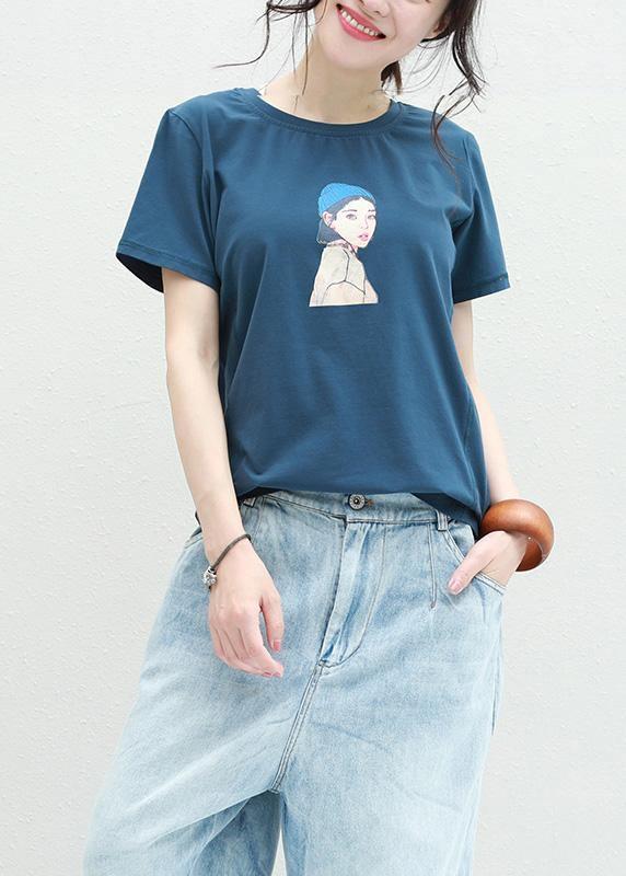 Loose blue o neck cotton clothes For Women Neckline Cartoon print blouses summer - bagstylebliss