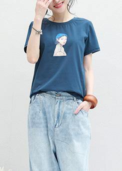 Loose blue o neck cotton clothes For Women Neckline Cartoon print blouses summer - bagstylebliss