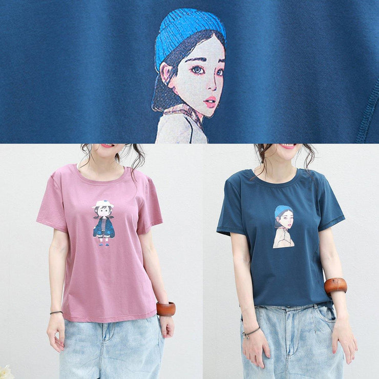 Loose blue o neck cotton clothes For Women Neckline Cartoon print blouses summer - bagstylebliss