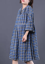 Loose blue plaid cotton tunic dress v neck A Line summer Dress - bagstylebliss