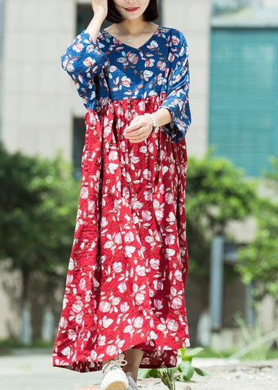Loose blue red print cotton tunic pattern v neck asymmetric Maxi summer Dresses - bagstylebliss