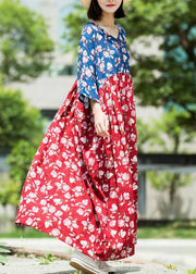 Loose blue red print cotton tunic pattern v neck asymmetric Maxi summer Dresses - bagstylebliss