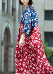 Loose blue red print cotton tunic pattern v neck asymmetric Maxi summer Dresses - bagstylebliss