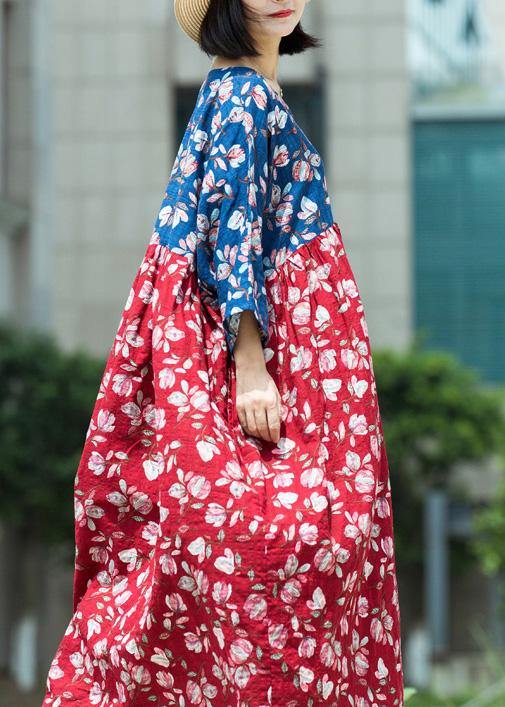 Loose blue red print cotton tunic pattern v neck asymmetric Maxi summer Dresses - bagstylebliss