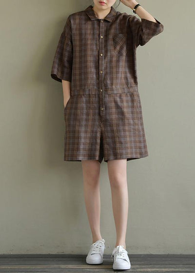 Loose brown Plaid linen lapel jumpsuit pants short summer - bagstylebliss